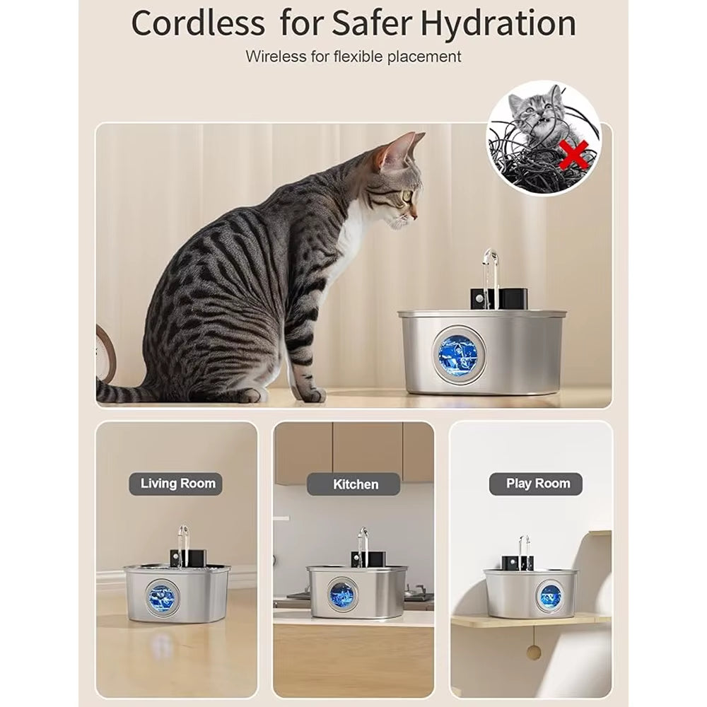 3.2L Wireless Stainless Steel Automatic Pet Water Dispenser with Viewing Window for Cats and Dogs