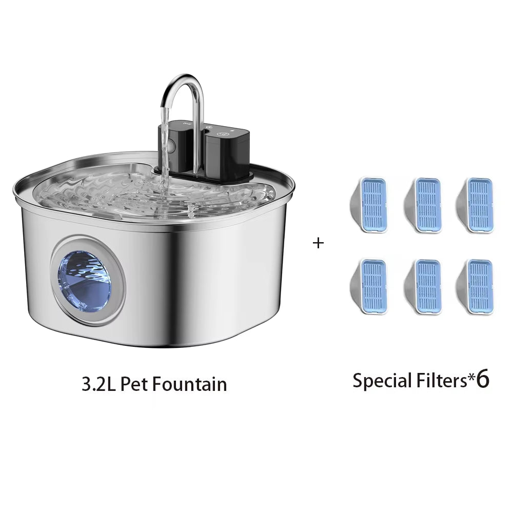 3.2L Wireless Stainless Steel Automatic Pet Water Dispenser with Viewing Window for Cats and Dogs