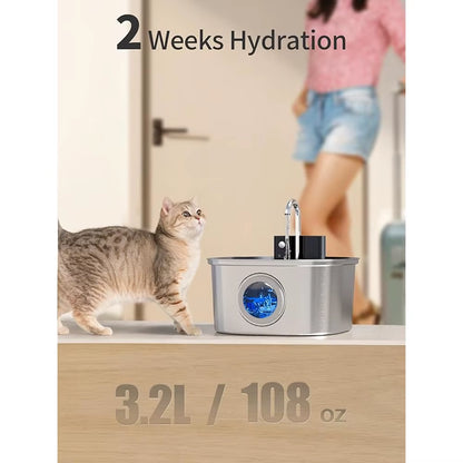 3.2L Wireless Stainless Steel Automatic Pet Water Dispenser with Viewing Window for Cats and Dogs