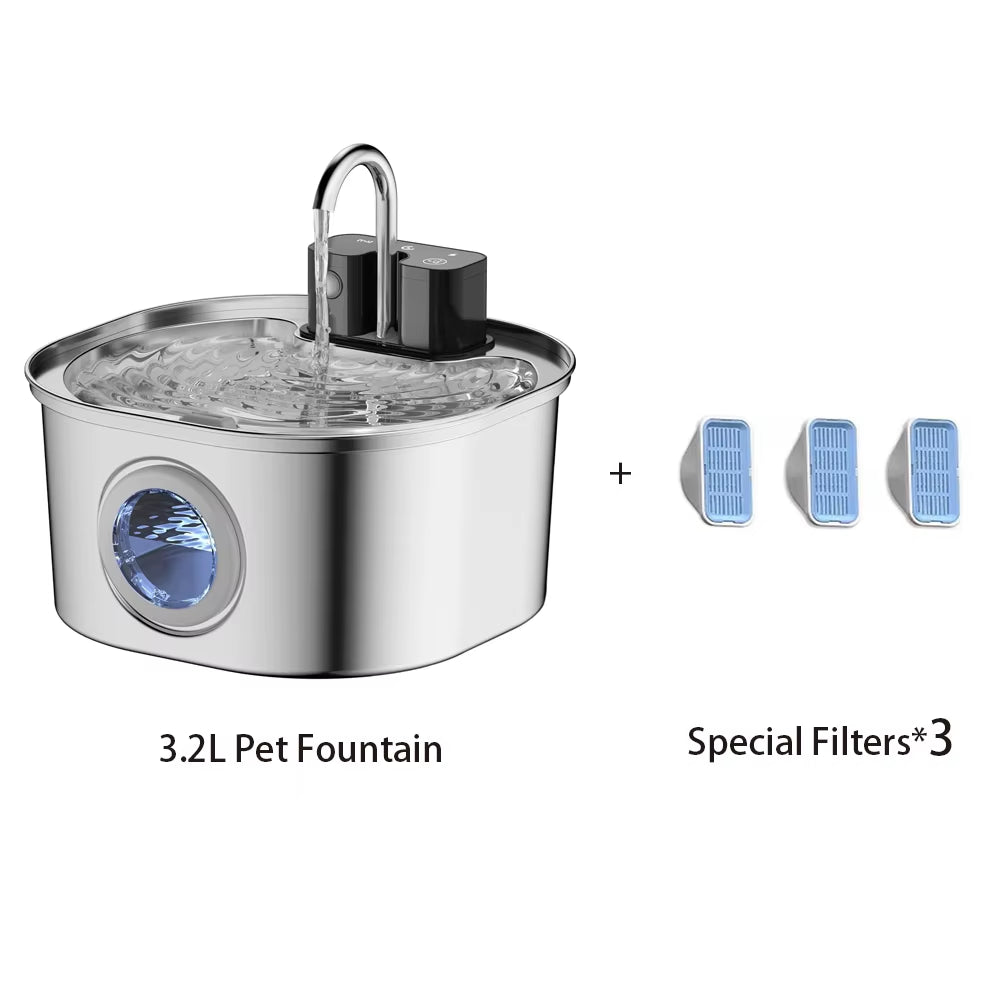 3.2L Wireless Stainless Steel Automatic Pet Water Dispenser with Viewing Window for Cats and Dogs