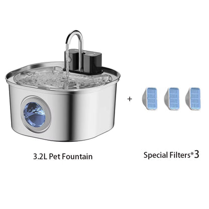 3.2L Wireless Stainless Steel Automatic Pet Water Dispenser with Viewing Window for Cats and Dogs